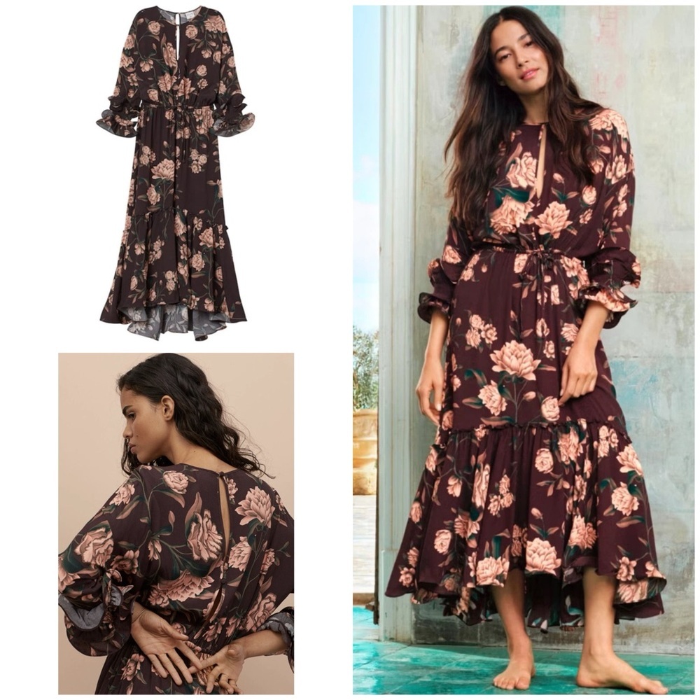 Johanna Ortiz x H&M Floral Crêped Ruffle Dark Brown Wild Roses Maxi Dress S​